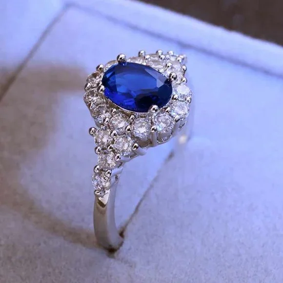 Noble Oval Flower Dainty Royal Blue 925 Silver Ring for Women, VIP500 - Picture 2 of 8